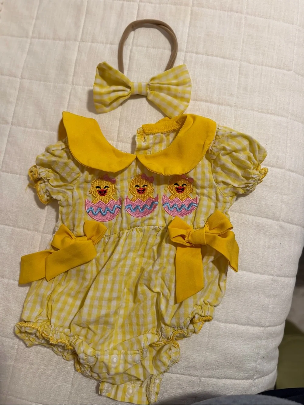 Yellow Gingham Baby Romper with Chick Embroidery